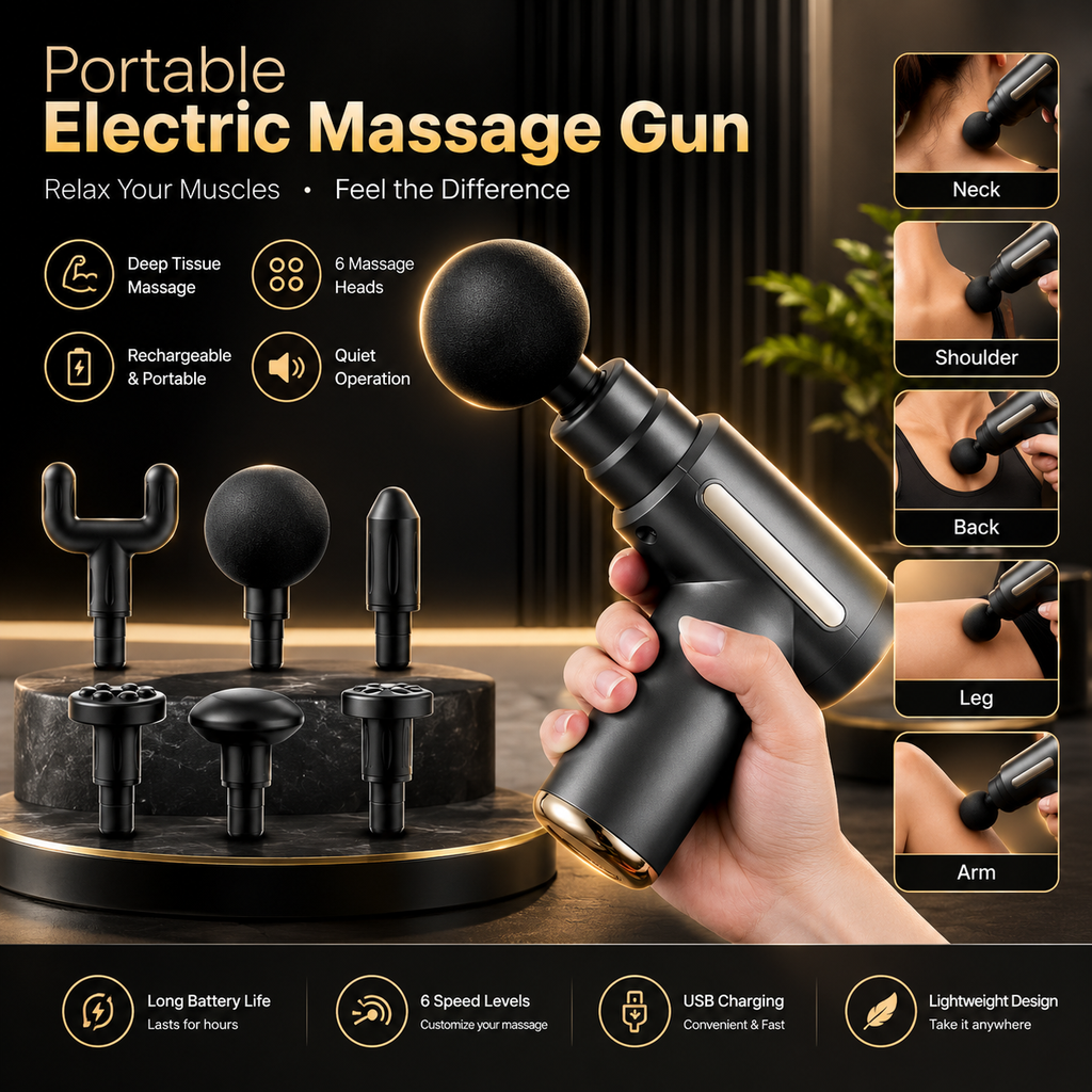 Portable Electric Massage Gun – Deep Tissue Muscle Massager with 6 Massage Heads