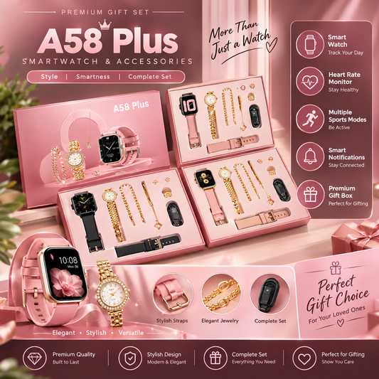 A58 Plus Smartwatch & Accessories Set – Stylish Smart Watch Gift Set for Men & Women