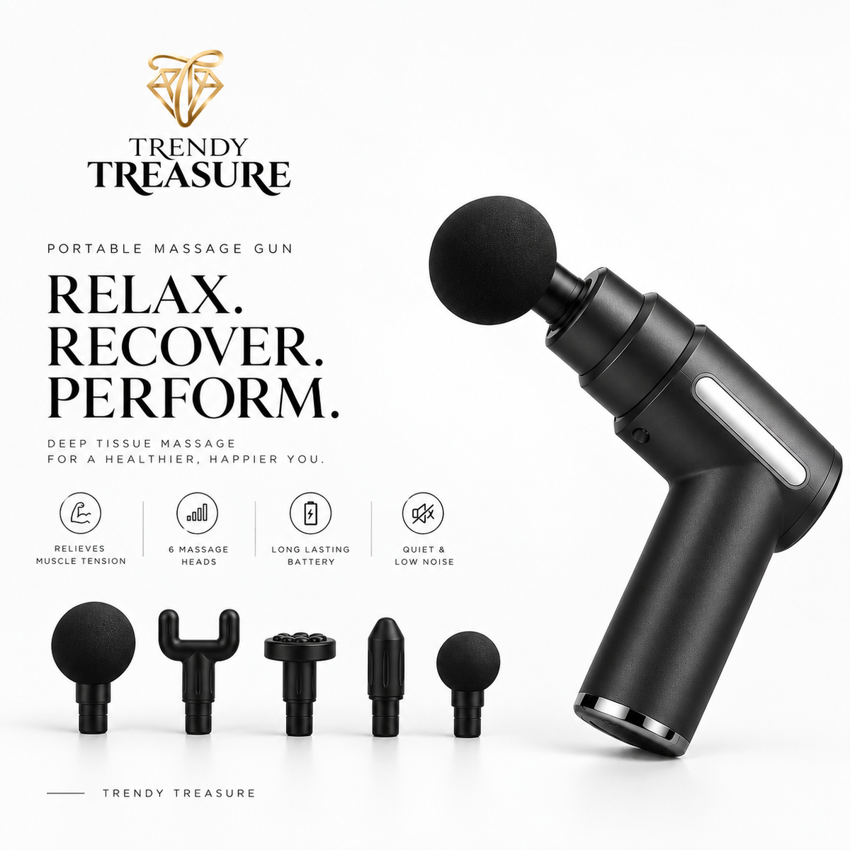 Portable Electric Massage Gun – Deep Tissue Muscle Massager with 6 Massage Heads
