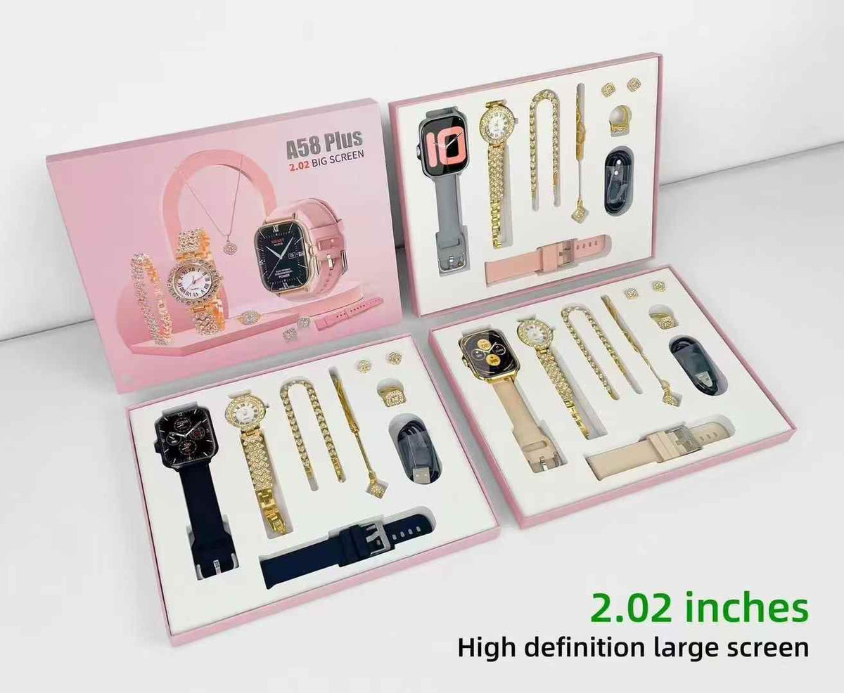A58 Plus Smartwatch & Accessories Set – Stylish Smart Watch Gift Set for Men & Women