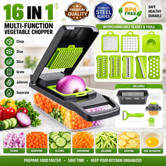 16-in-1 Vegetable Chopper & Slicer with Container – Multi-Function