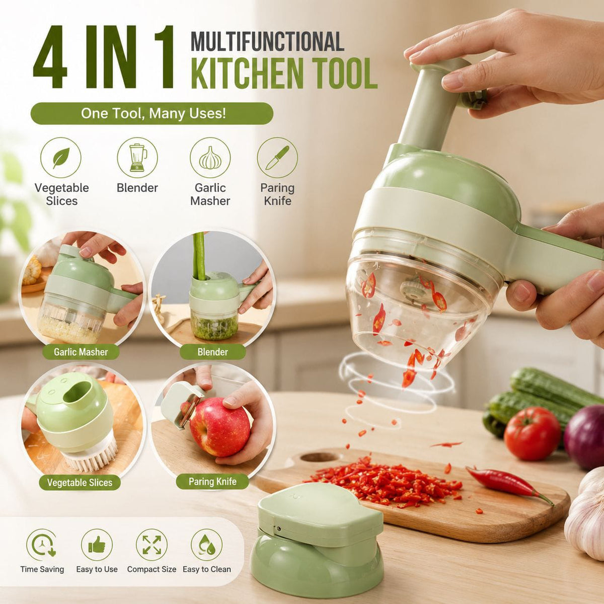 4-in-1 Multifunctional Kitchen Tool – Vegetable Slicer, Garlic Masher, Blender & Paring Knife