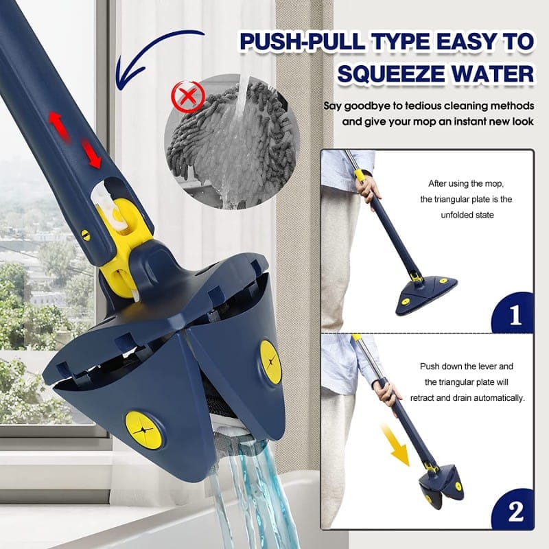 Self-Wringing Triangle Mop – Push-Pull Microfiber Floor Mop with Hands-Free Water Squeeze