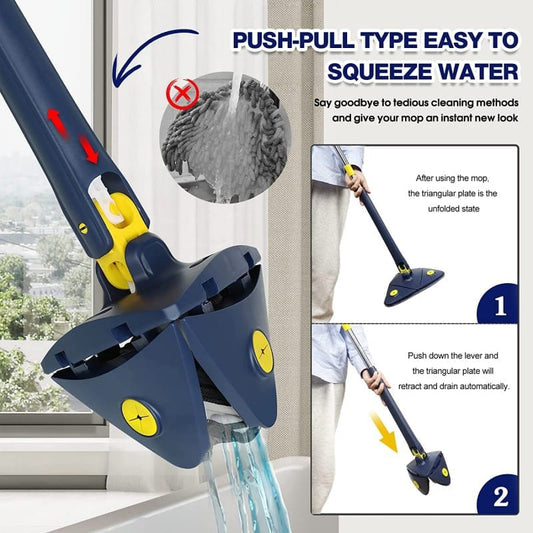 Self-Wringing Triangle Mop – Push-Pull Microfiber Floor Mop with Hands-Free Water Squeeze