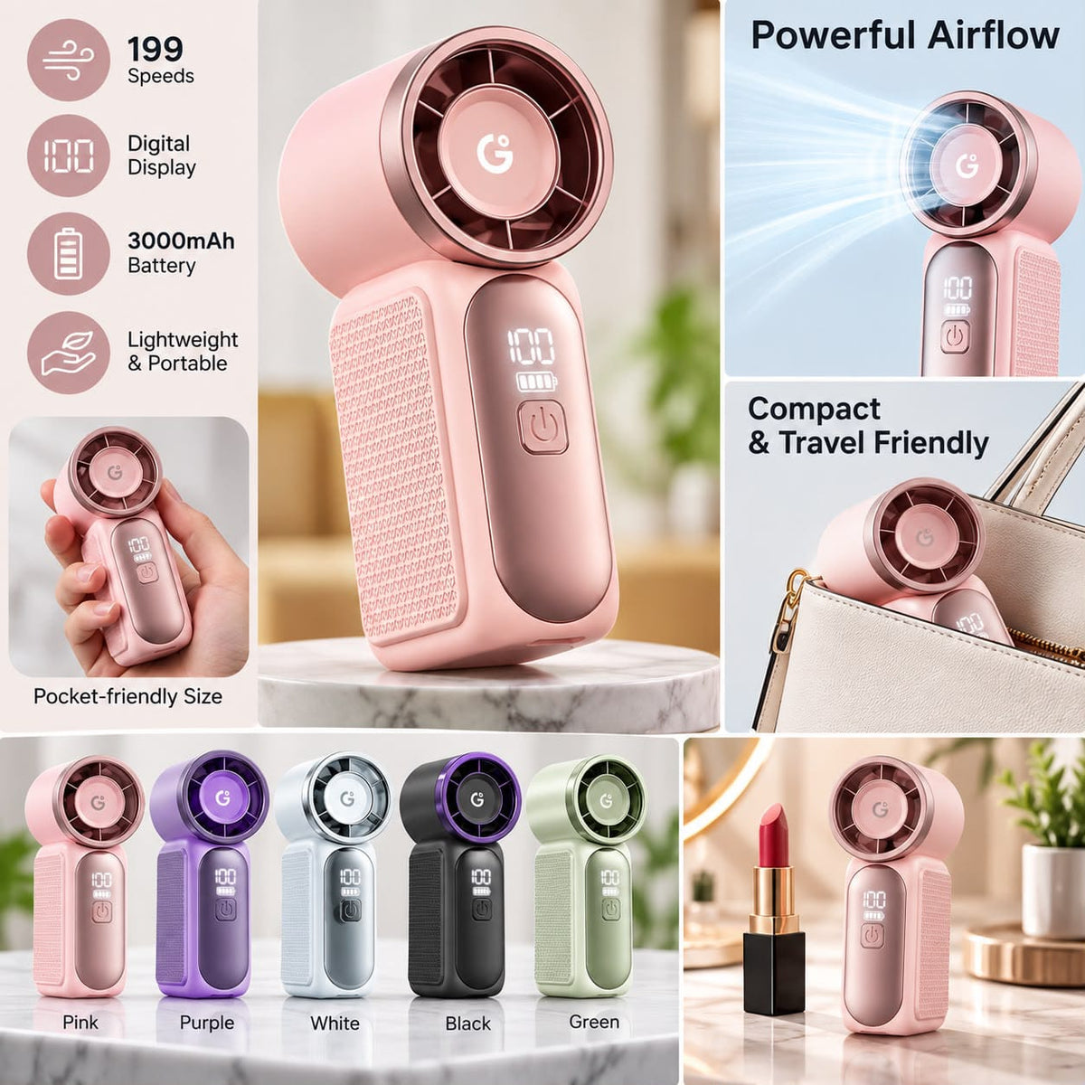 Portable Mini Handheld Fan – 199-Speed Rechargeable Personal Fan with Digital Display