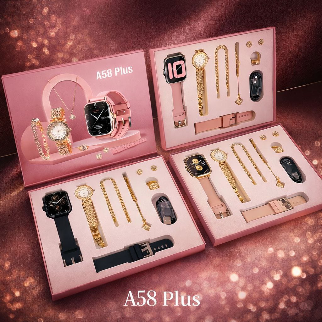 A58 Plus Smartwatch & Accessories Set – Stylish Smart Watch Gift Set for Men & Women