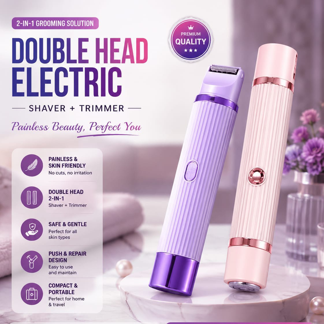 2-in-1 Electric Shaver & Trimmer for Women – Rechargeable Facial & Body Hair Remover